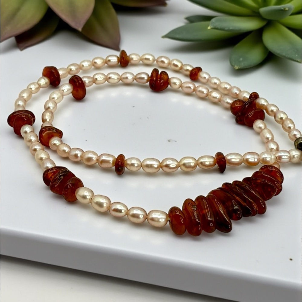 Genuine Amber & Freshwater Pearl Necklace – 18” - Picture 9 of 17